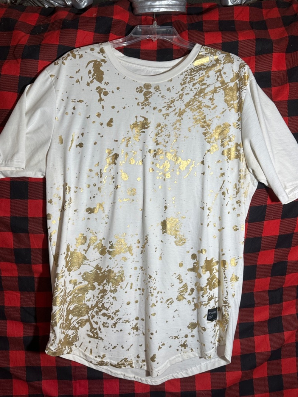 Rocawear White Tee Gold splatter with Black Logo Print